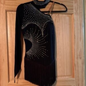 Elegant Black w Silver and Blue Stones Women's dance Costume/skater dress.